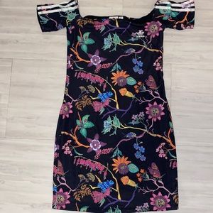 Adidas reversible off shoulder floral mini dress